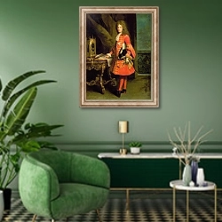 «Portrait of a Cavalier, 1700» в интерьере гостиной в зеленых тонах