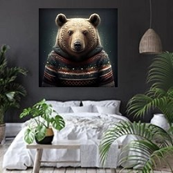 «Медведь в рождественском свитере» в интерьере современной спальни с черными стенами