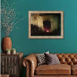«irish cottage series - fireplace» в интерьере гостиной с зеленой стеной над диваном