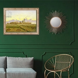 «Dawn at Neubrandenburg» в интерьере классической гостиной с зеленой стеной над диваном