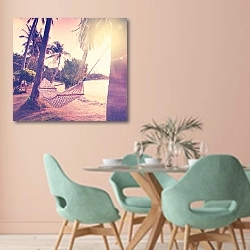 «Гамак на тропическом пляже на закате» в интерьере современной столовой в пастельных тонах