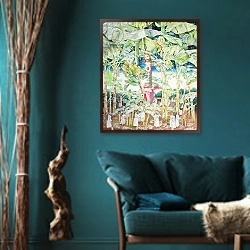 «Miraculous Vision of Christ in the Banana Grove, 1989» в интерьере зеленой гостиной в этническом стиле над диваном