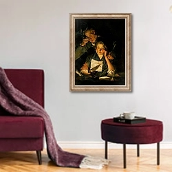 «A Girl reading a Letter, with an Old Man reading over her shoulder, c.1767-70» в интерьере гостиной в бордовых тонах