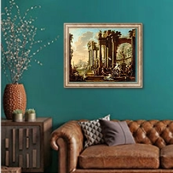 «The Triumph of Venus» в интерьере гостиной с зеленой стеной над диваном