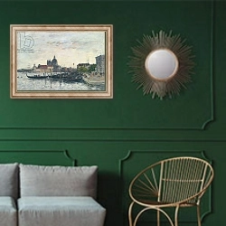 «Venice, the Mole at the Entrance to the Grand Canal and the Salute, Evening, 1895» в интерьере классической гостиной с зеленой стеной над диваном