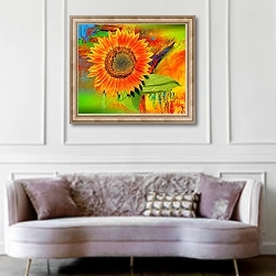 «Цветок подсолнечника на красочном фоне» в интерьере гостиной в классическом стиле над диваном
