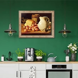 «Still Life with plums, figs, bread and fish» в интерьере кухни с зелеными стенами