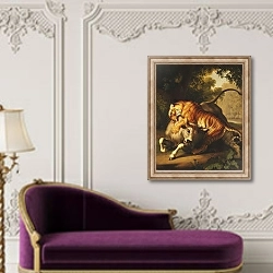 «A Tiger attacking a Bull, 1785» в интерьере в классическом стиле над банкеткой