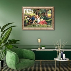 «The Hireling Shepherd» в интерьере гостиной в зеленых тонах