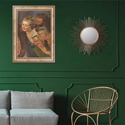 «Пьяный Силен. Фрагмент» в интерьере классической гостиной с зеленой стеной над диваном