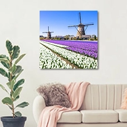 «Голландия. Поля тюльпанов с мельницами №2» в интерьере современной светлой гостиной над диваном