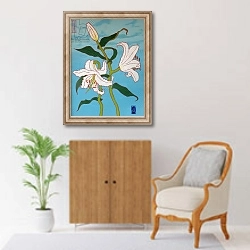 «White lily on a blue background, 2010, oil on wood» в интерьере в классическом стиле над комодом