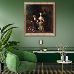 «Crown Prince Frederick II with his sister Wilhelmine, 1714» в интерьере гостиной в зеленых тонах