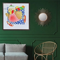 «Snow Robin, 2005» в интерьере классической гостиной с зеленой стеной над диваном