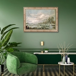 «Winter Landscape 4» в интерьере гостиной в зеленых тонах