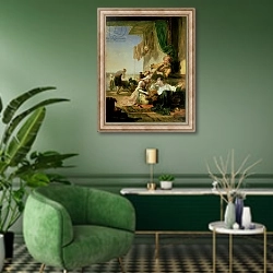 «Lord Byron reposing in the house of a fisherman having swum the Hellespont, 1831» в интерьере гостиной в зеленых тонах