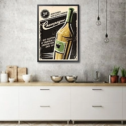 «Champagne vintage poster design with bottle and creative typo on dark background» в интерьере современной кухни над раковиной