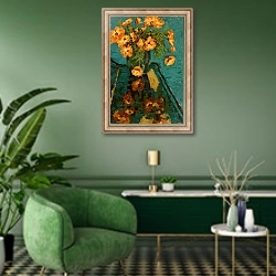 «Bouquet of camomiles and a piano» в интерьере гостиной в зеленых тонах