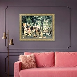 «Bathing on the Seine or, La Grenouillere, c.1869» в интерьере гостиной с розовым диваном