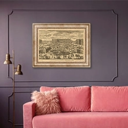 «Вид на Версальский дворец со стороны парка» в интерьере гостиной с розовым диваном