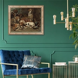 «Охотничьи собаки после охоты» в интерьере в классическом стиле с зеленой стеной
