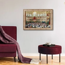 «Dinner in the Salle des Spectacles at Versailles, 1854» в интерьере гостиной в бордовых тонах