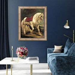 «A bridled grey stallion, with a saddle cloth and partially plaited mane: a modello» в интерьере в классическом стиле в синих тонах