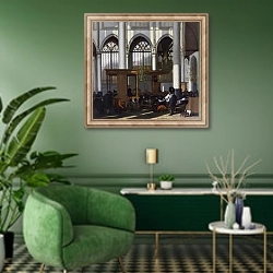«Интерьер церкви Аудекерк, Амстердам 2» в интерьере гостиной в зеленых тонах