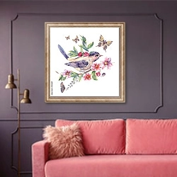 «Акварельная птица на цветущей ветке» в интерьере гостиной с розовым диваном