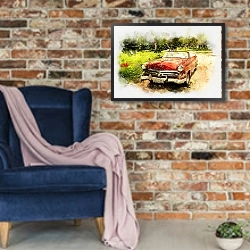 «Старый красный акварельный автомобиль» в интерьере в стиле лофт с кирпичной стеной и синим креслом