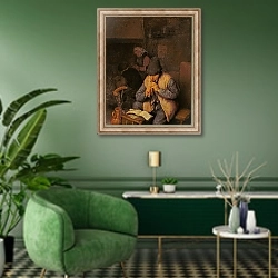 «The Flute Player, 17th century» в интерьере гостиной в зеленых тонах