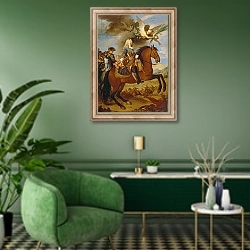 «Equestrian Portrait of Philip V» в интерьере гостиной в зеленых тонах