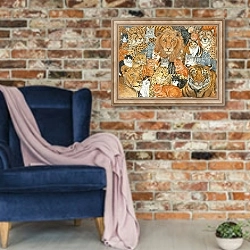 «Semi Wild Cat Spread» в интерьере в стиле лофт с кирпичной стеной и синим креслом