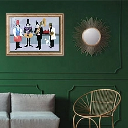 «A man looking at the clowns,2017,（Gouache on Paper)» в интерьере классической гостиной с зеленой стеной над диваном