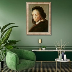 «Portrait of an old Woman, c.1600-1700» в интерьере гостиной в зеленых тонах