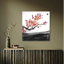 «Восточная сакура в цвету с далекими горами» в интерьере в этническом стиле в коричневых цветах