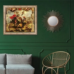 «Achilles Defeating Hector, 1630-32» в интерьере классической гостиной с зеленой стеной над диваном