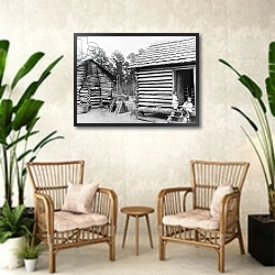 «Log cabins in Thomasville, Florida, c.1900» в интерьере комнаты в стиле ретро с плетеными креслами
