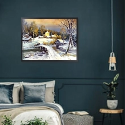 «Сельский зимний пейзаж с мостом» в интерьере классической спальни с темными стенами