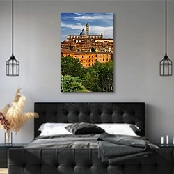 «Италия.Крыши Сиены» в интерьере современной спальни с черной кроватью