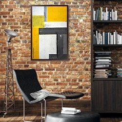 «Серо-бело-жёлтая геометрическая абстракция» в интерьере кабинета в стиле лофт с кирпичными стенами