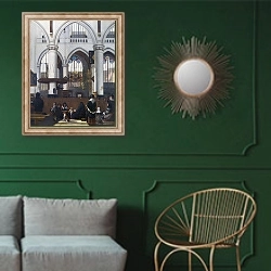 «Интерьер церкви Аудекерк, Амстердам» в интерьере классической гостиной с зеленой стеной над диваном