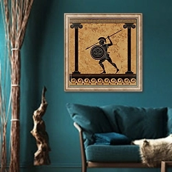 «Древнегреческий воин с копьем» в интерьере зеленой гостиной в этническом стиле над диваном