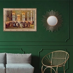 «The Doge at the Feast for the Opening of the Carnival of Venice» в интерьере классической гостиной с зеленой стеной над диваном