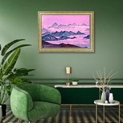 «Гималаи. Этюд» в интерьере гостиной в зеленых тонах