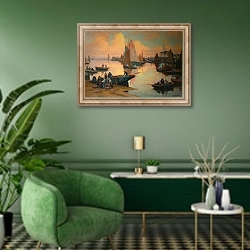 «Le port de Concarneau» в интерьере гостиной в зеленых тонах