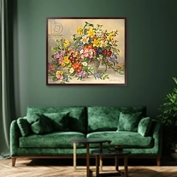 «AB/296 Spring Flowers and Poole Pottery» в интерьере зеленой гостиной над диваном