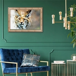 «Акварельный портрет рыси» в интерьере в классическом стиле с зеленой стеной