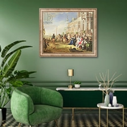 «An Elegant Company Before a Palace, 1668» в интерьере гостиной в зеленых тонах