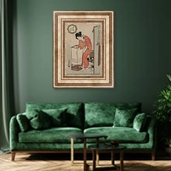 «Woman Putting Out a Light» в интерьере зеленой гостиной над диваном